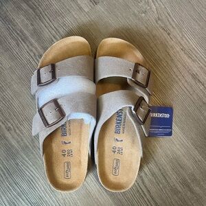 Birkenstock Arizona Suede Two-Strap Sandals in Light Gray